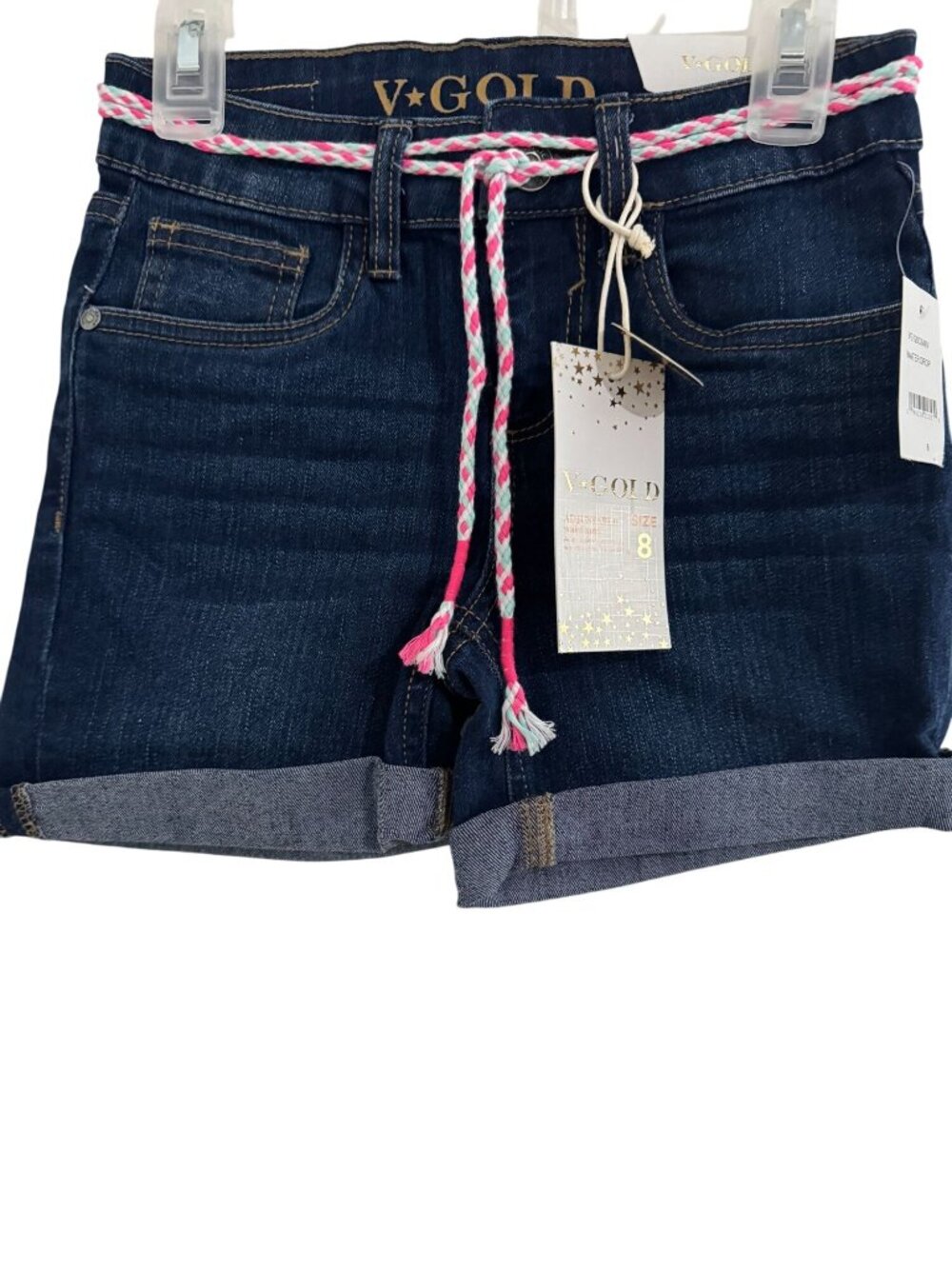 VGold Girls Denim Shorts Size 8 With Adjustable Waistband & Braided Belt